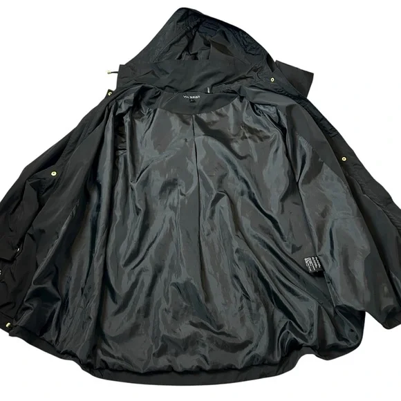 Via Spiga Black Raincoat Womens Size L Loose Fit Swing Lightweight Hooded Lined - Picture 5 of 11